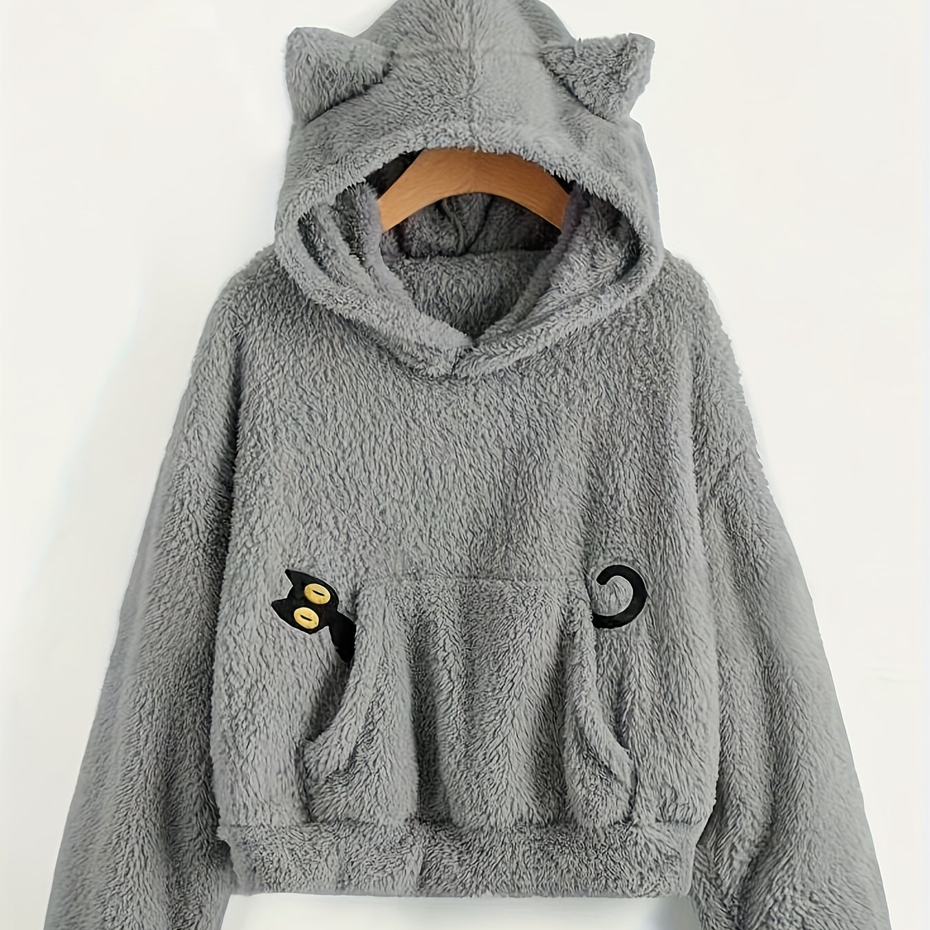 Fleece Hoodie mit Katzenohren und Tasche, flauschig, Grau
