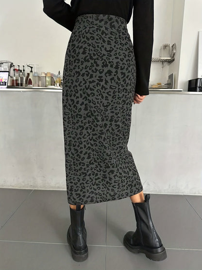 Damen Midi Rock mit Leopardenmuster und Schlitz, Rippstruktur