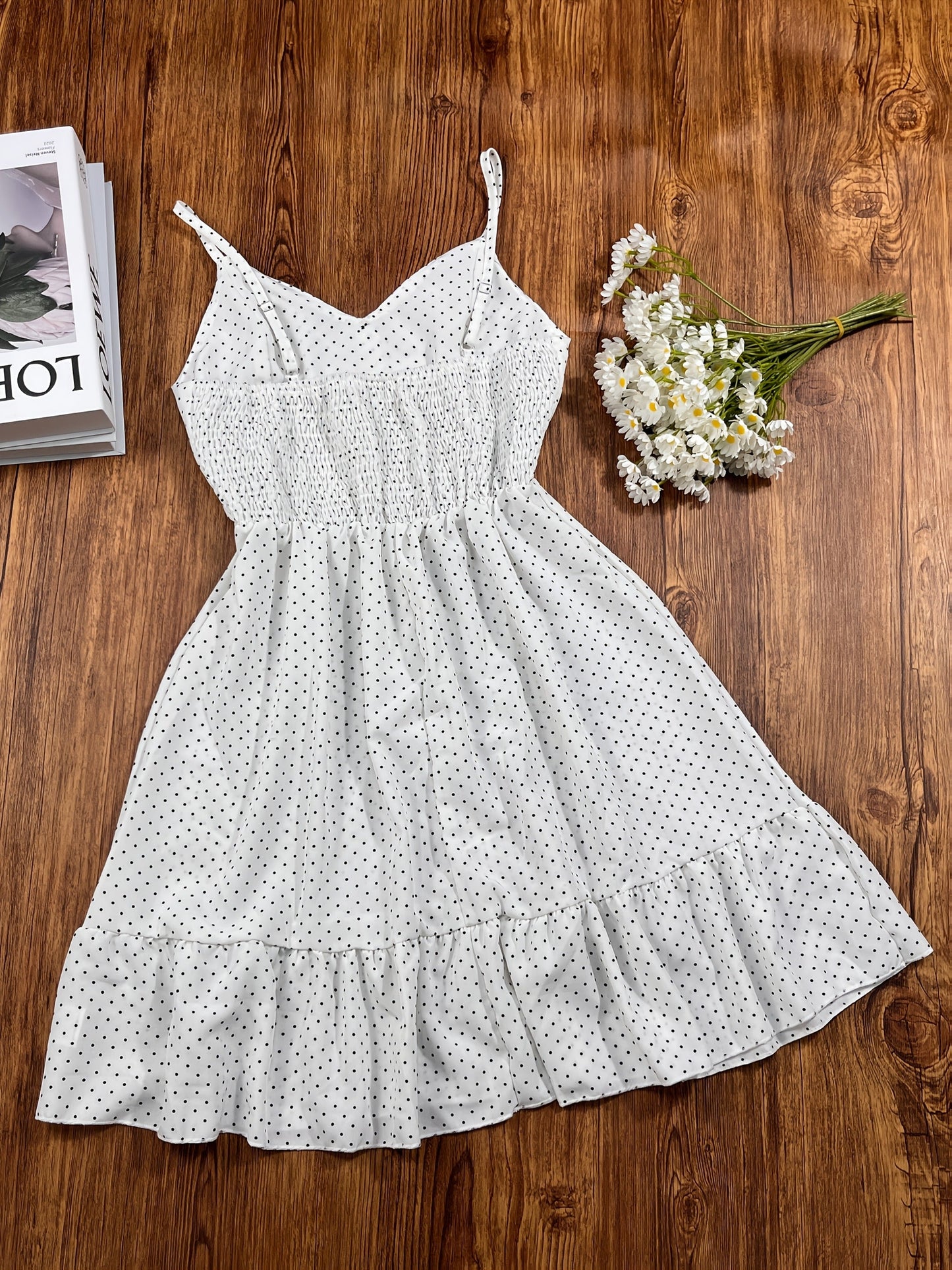 Damen Polka Dot Trägerkleid mit Knopfleiste und Rüschen – Vintage Style Freizeitkleid