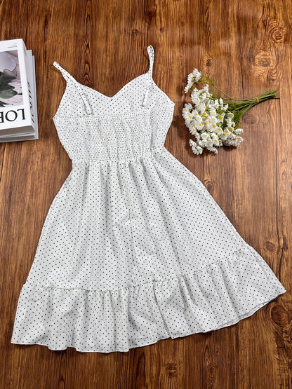 Damen Polka Dot Trägerkleid mit Knopfleiste und Rüschen – Vintage Style Freizeitkleid