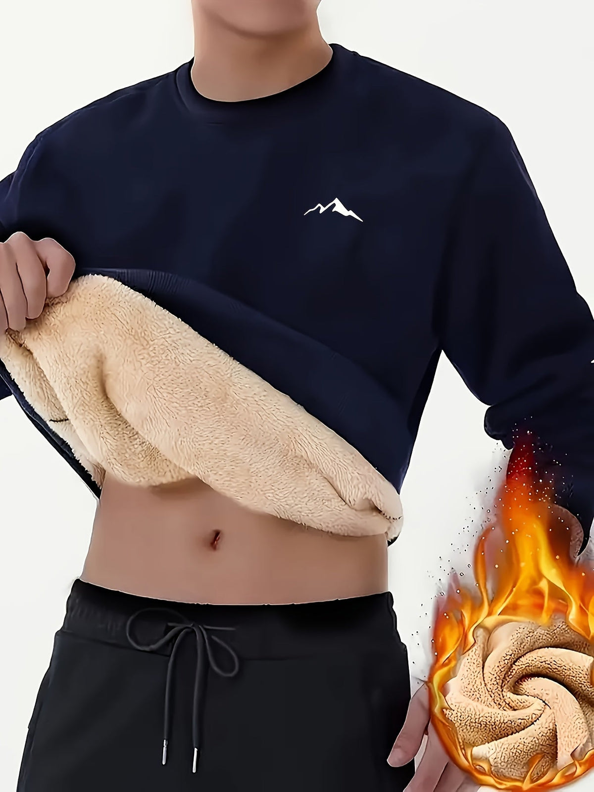 Herren Plüschfutter Sweatshirt mit Berg-Motiv, Rundhals Langarm-Pullover