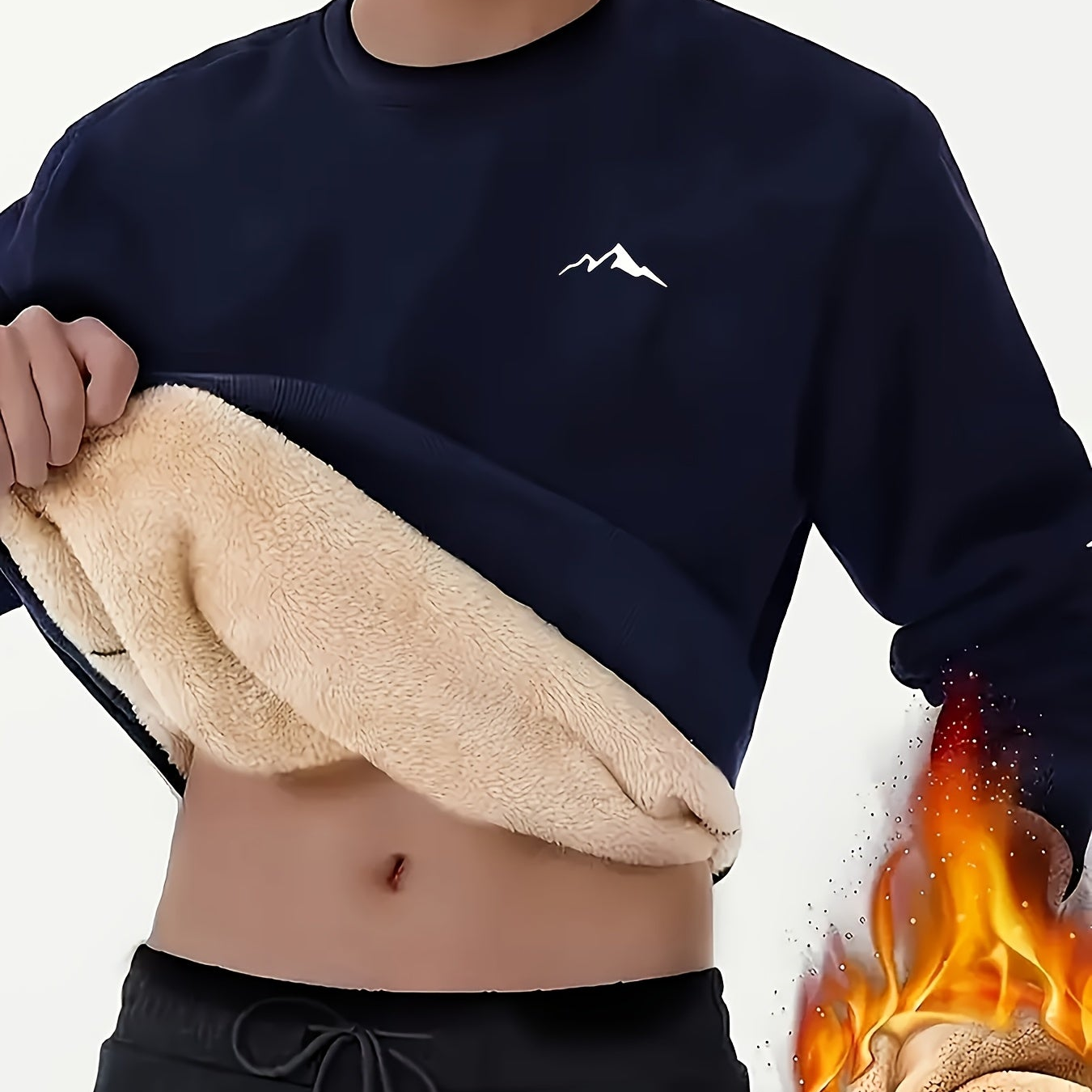 Herren Plüschfutter Sweatshirt mit Berg-Motiv, Rundhals Langarm-Pullover