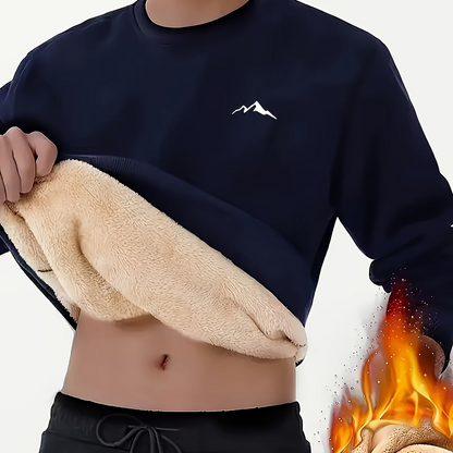 Herren Plüschfutter Sweatshirt mit Berg-Motiv, Rundhals Langarm-Pullover