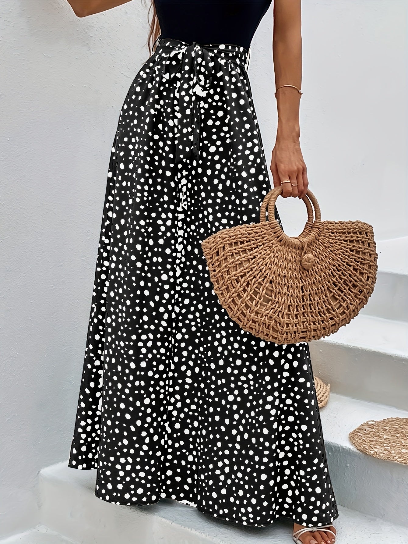 Damen Elegante Weitbeinige Palazzo-Hose mit Gürtel und Punktemuster – Perfekt für Freizeit und Sommer