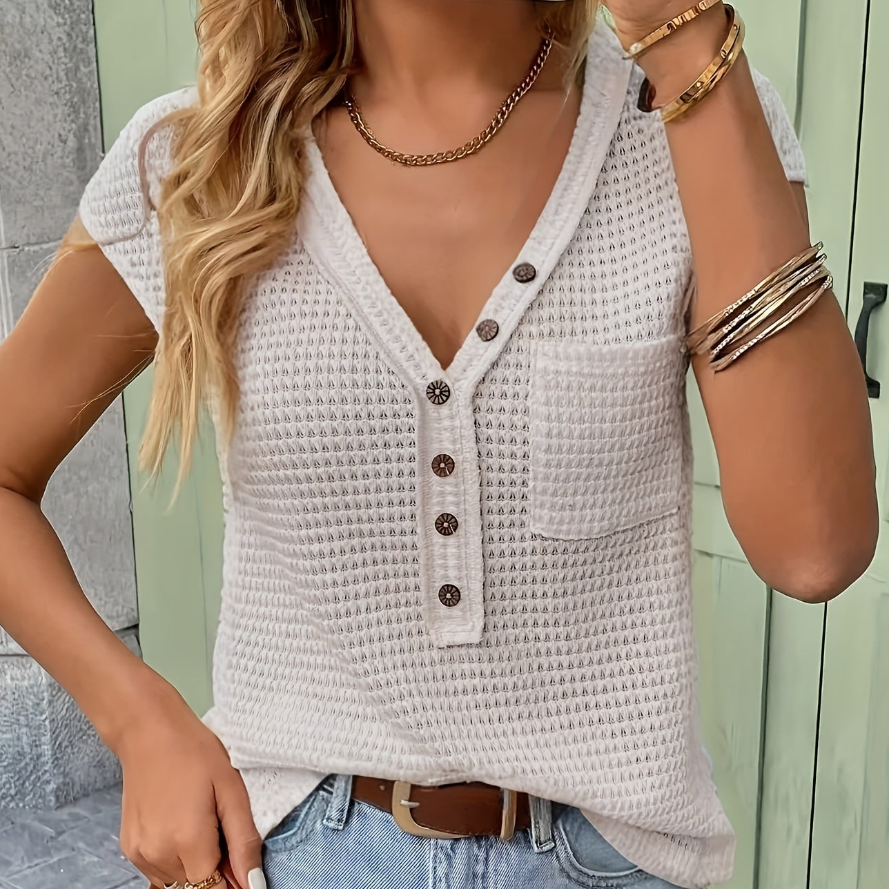 Damen Henley Shirt mit Struktur und Knopfleiste – Lässiges Kurzarm-Oberteil für Alltag & Freizeit