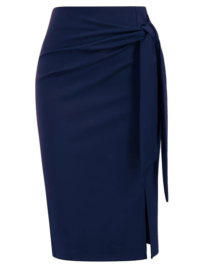 Damen Eleganter Midirock mit Knoten-Detail und Schlitz – Perfekt für Büro & Ausgehen