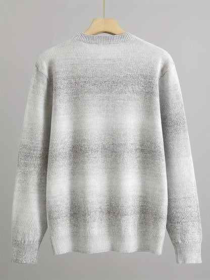 Herren Strickpullover Rundhals Grau-Weiß Gestreift Langarm