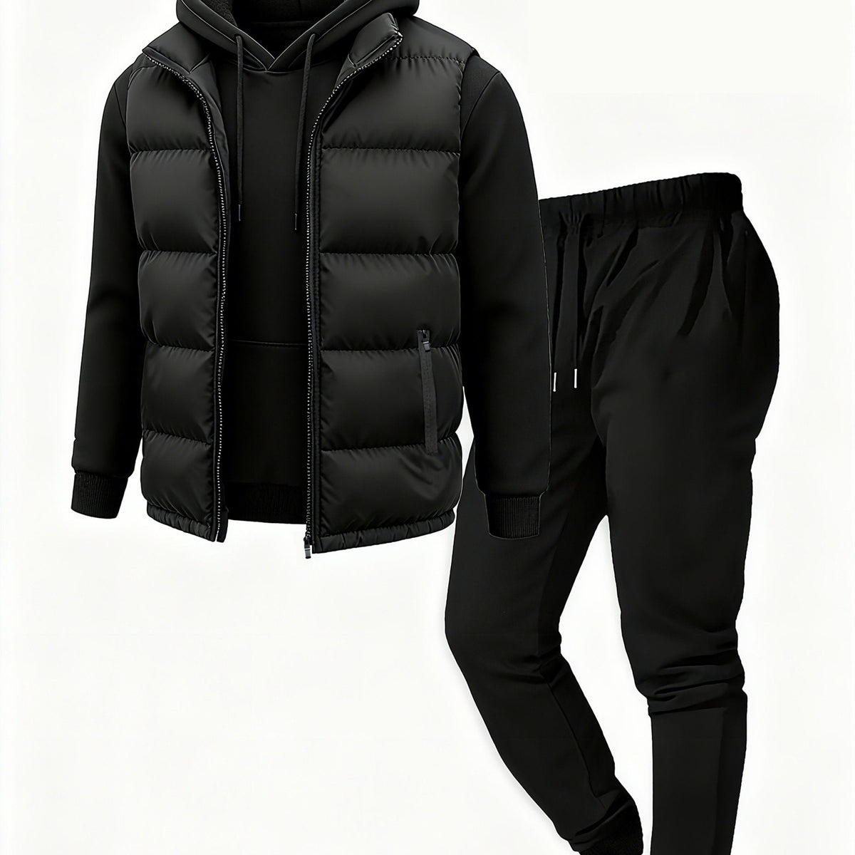 Herren Jogginganzug Set Schwarz mit Steppweste, Kapuzenpullover & Jogginghose