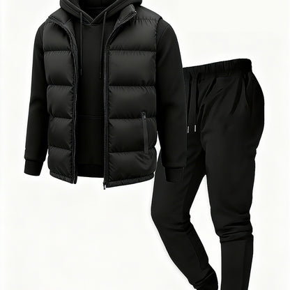 Herren Jogginganzug Set Schwarz mit Steppweste, Kapuzenpullover & Jogginghose
