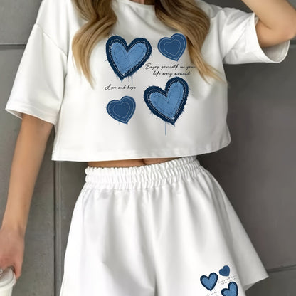 Damen Pyjama-Set mit blauen Herz-Prints – Loungewear im modernen Stil für Zuhause