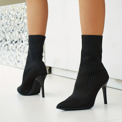 Damen Stiefelette mit spitzer Zehe und Stilettoabsatz, gestricktes Obermaterial