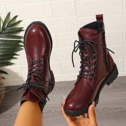 Damen Schnürstiefeletten Burgund mit Reißverschluss und Profilsohle