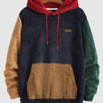 Teddy-Fleece Color-Block Hoodie mit Kängurutasche und Kapuze