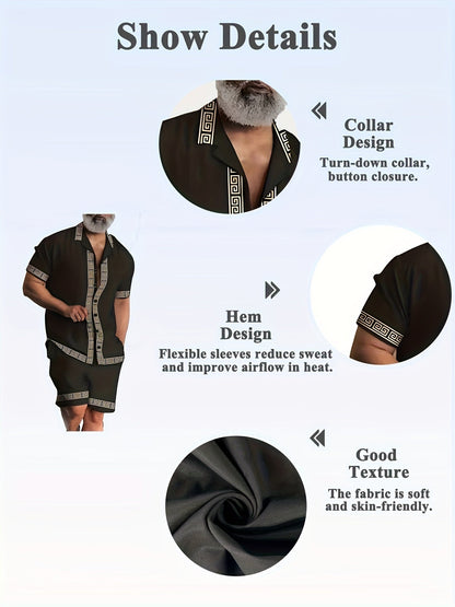 Herren Sommer Freizeit Set – Kurzarm Hemd und Shorts mit geometrischem Muster, perfekt für Urlaub und Alltag