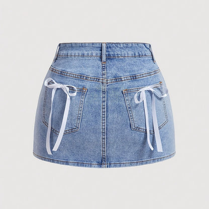 Damen Jeans Minirock im eleganten Stil mit verspielten Schleifen und Taschen – Perfekt für Freizeit und Sommer