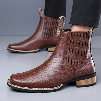 Herren Stiefelette Kroko-Prägung Quadratische Spitze Elastikeinsätze