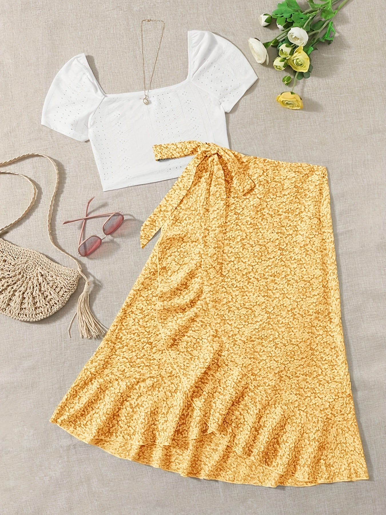 Damen Zweiteiler Set – Romantisches Sommer-Outfit mit Bluse und Wickelrock, ideal für Freizeit und Urlaub