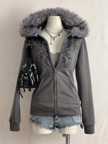 Damen Hoodie mit Reißverschluss, Kunstfellkapuze und Verzierungen, Dunkelgrau