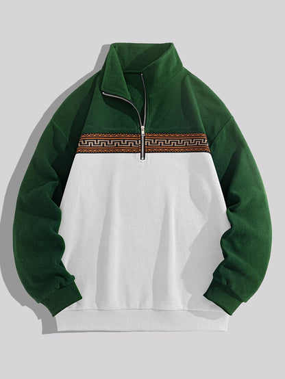 Herren Fleece-Pullover mit Reißverschluss, Stehkragen und Aztekenmuster