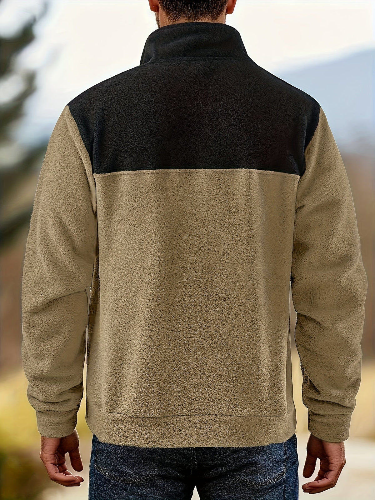 Herren Fleece Pullover Stehkragen Knöpfe Zweifarbig Outdoor