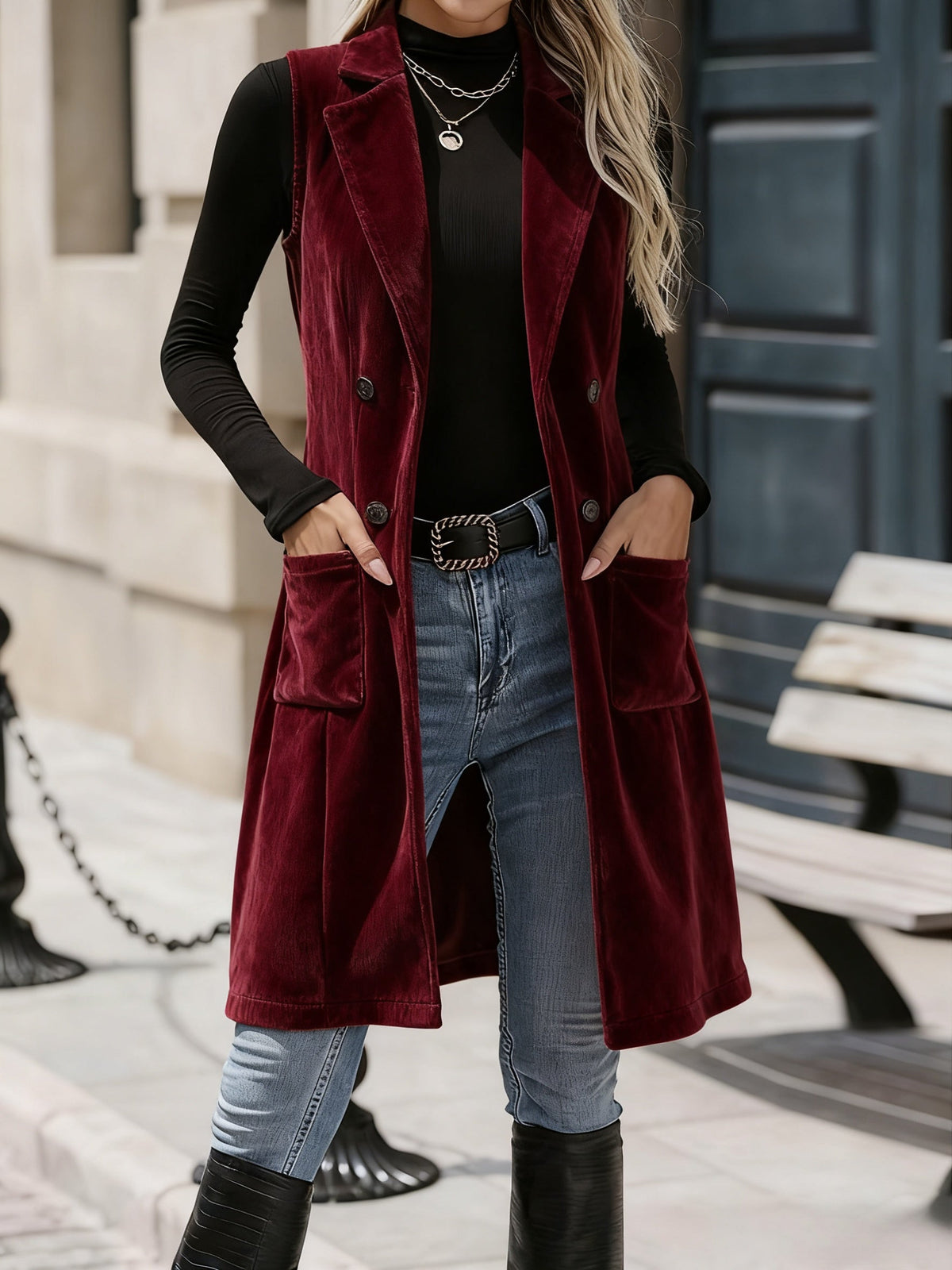 Damen Lang Weste Cord Langarm-Blazer-Weste Zweireihig Mit Taschen