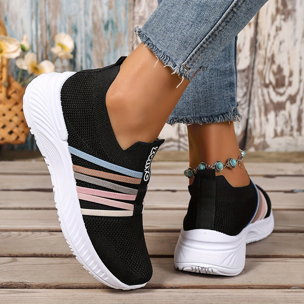 Damen Slip-On Freizeitschuhe mit Streifen – Bequeme Alltagssneaker für Freizeit & Spaziergänge