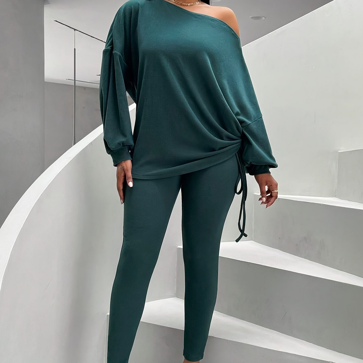 Damen Loungewear Set Dunkelgrün Schulterfrei Pullover Leggings