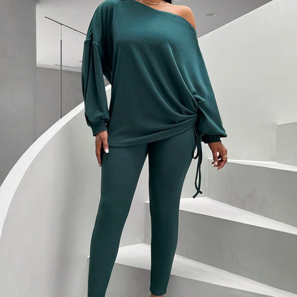 Damen Loungewear Set Dunkelgrün Schulterfrei Pullover Leggings