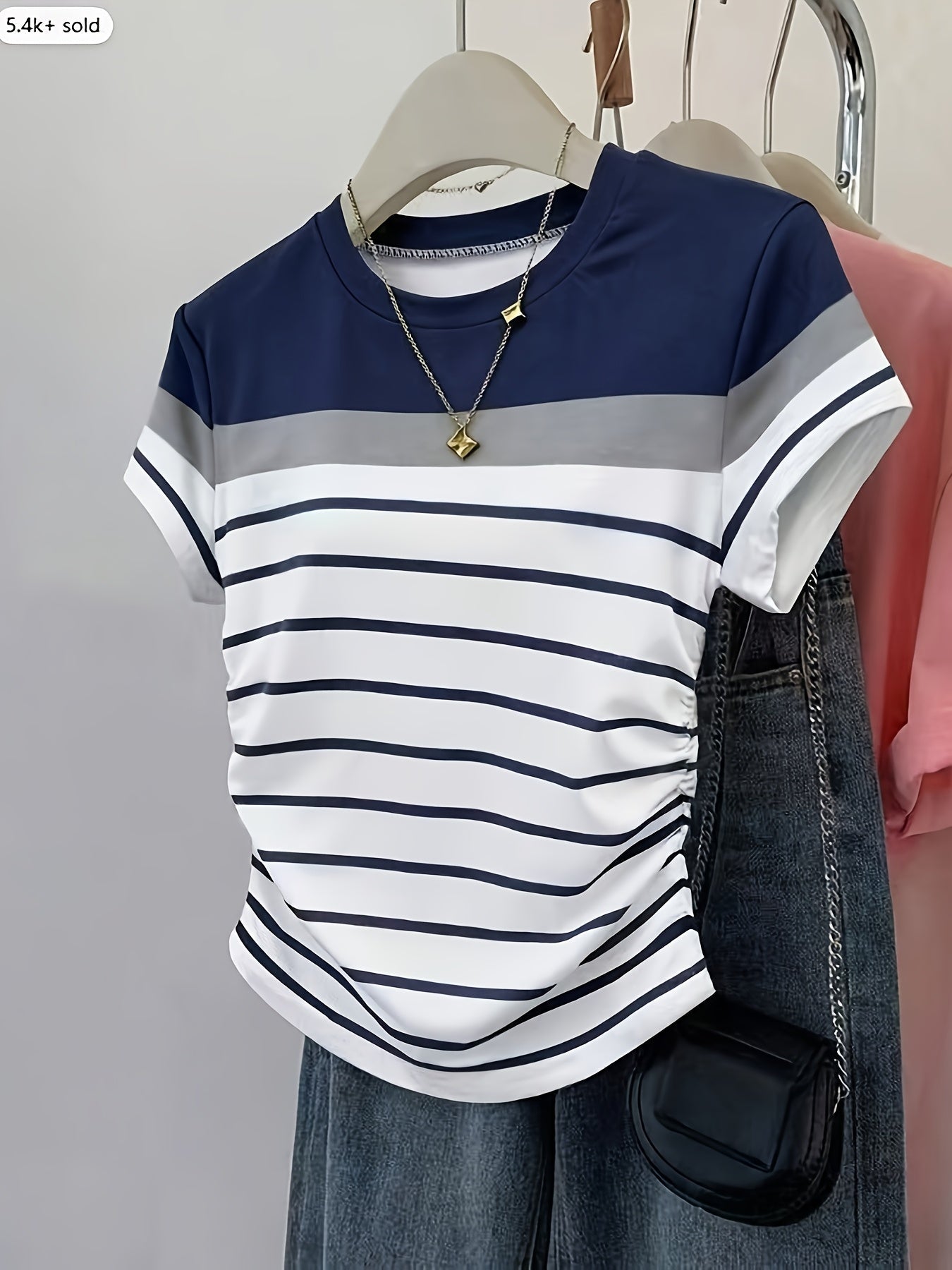 Damen T-Shirt mit Streifen und Raffungen – Modisches Freizeitshirt, Kurzarm, Elegant für Alltag und Büro