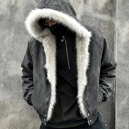 Herren Jacke mit Kapuze und Kunstpelzbesatz Grau