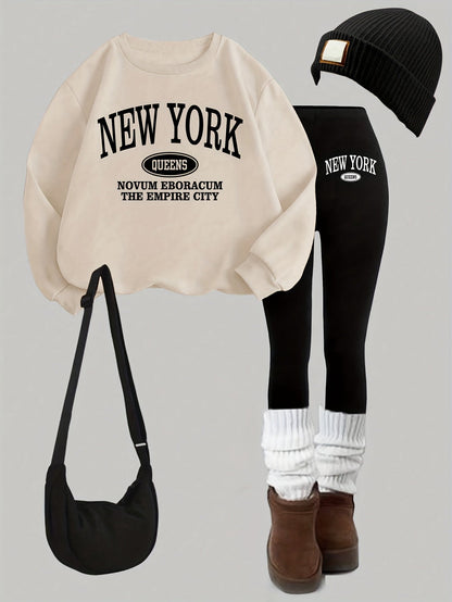 Damen Set: Pullover & Leggings mit 'New York Queens' Print, Rundhalsausschnitt