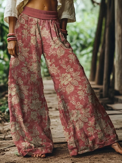 Damen Weite Freizeithose mit Blumenmuster – Lässiger Boho Stil für Alltag und Urlaub