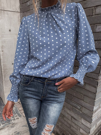 Damen Bluse Punkte Hellblau Langarm Rüschenkragen