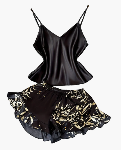Damen Satin Pyjama Set mit Blumenmuster – Elegantes Schlafanzug-Set für Sommer & Alltag