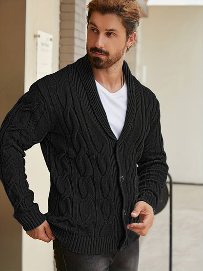 Herren Strickjacke Zopfmuster Schalkkragen Knopfleiste