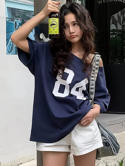 Damen Oversize Varsity-Style T-Shirt mit Zahlendruck – Lockeres Streetwear für Freizeit & Alltag