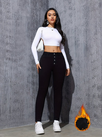 Damen Jeggings Schwarz Hoher Bund Knopfleiste