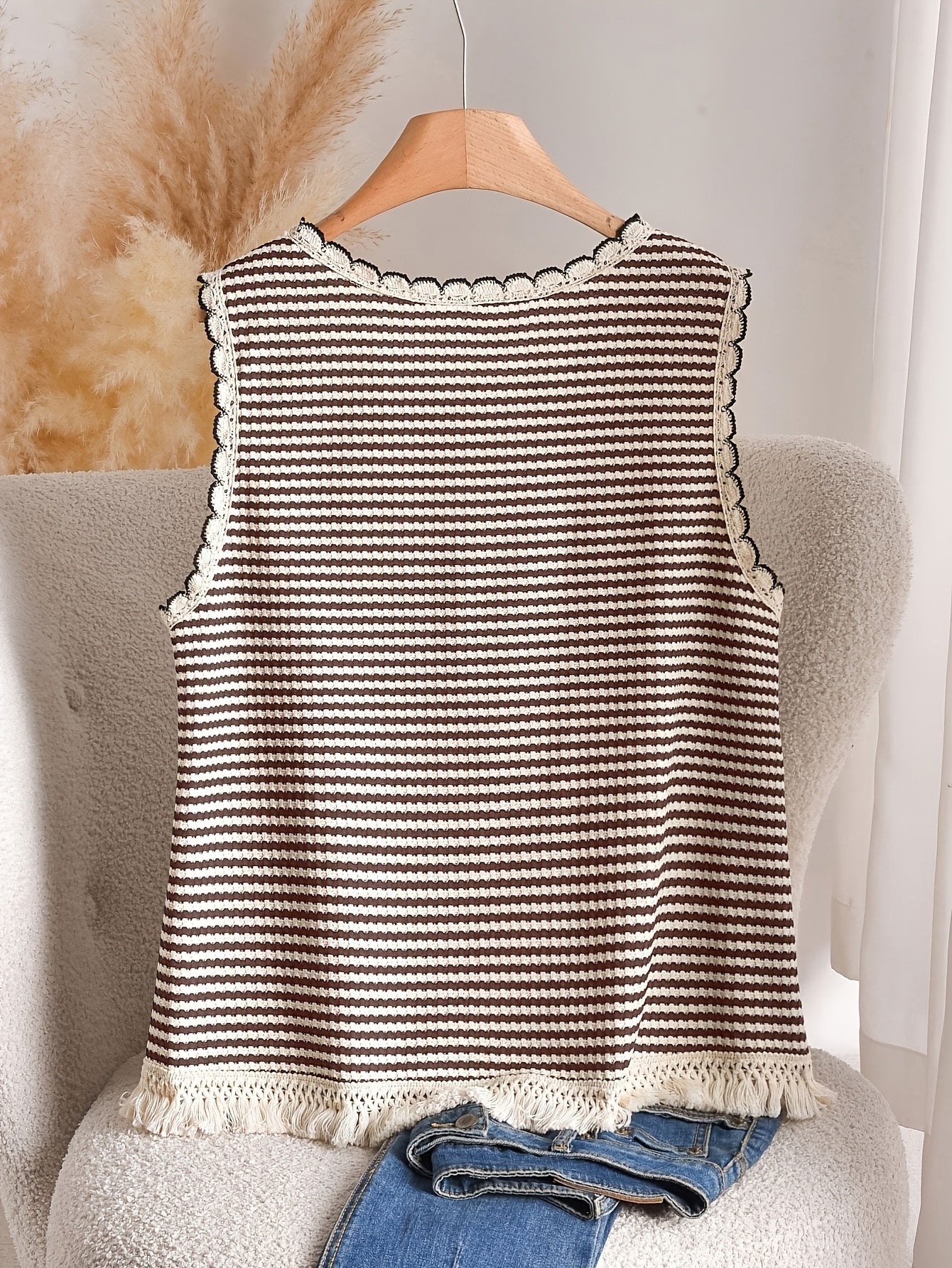 Damen Elegantes Strick-Tanktop mit Fransen und Streifen – Ideal für Frühling & Sommer