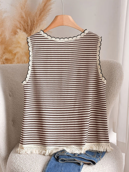 Damen Elegantes Strick-Tanktop mit Fransen und Streifen – Ideal für Frühling & Sommer