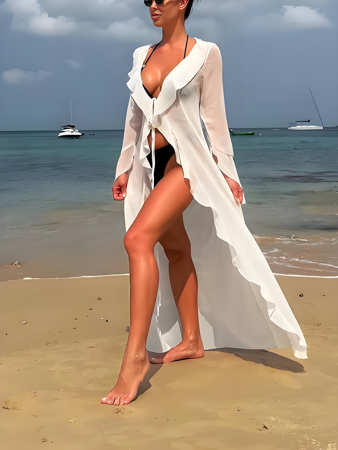 Damen Eleganter Langer Strand Kimono mit Rüschen und Offenem Schnitt – Stilvolle Überwurfjacke für Urlaub und Freizeit