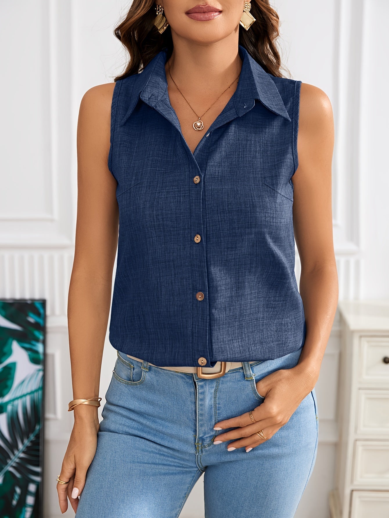 Damen ärmellose Bluse mit Knopfleiste und Polokragen – Eleganter Sommer-Look für Büro und Freizeit