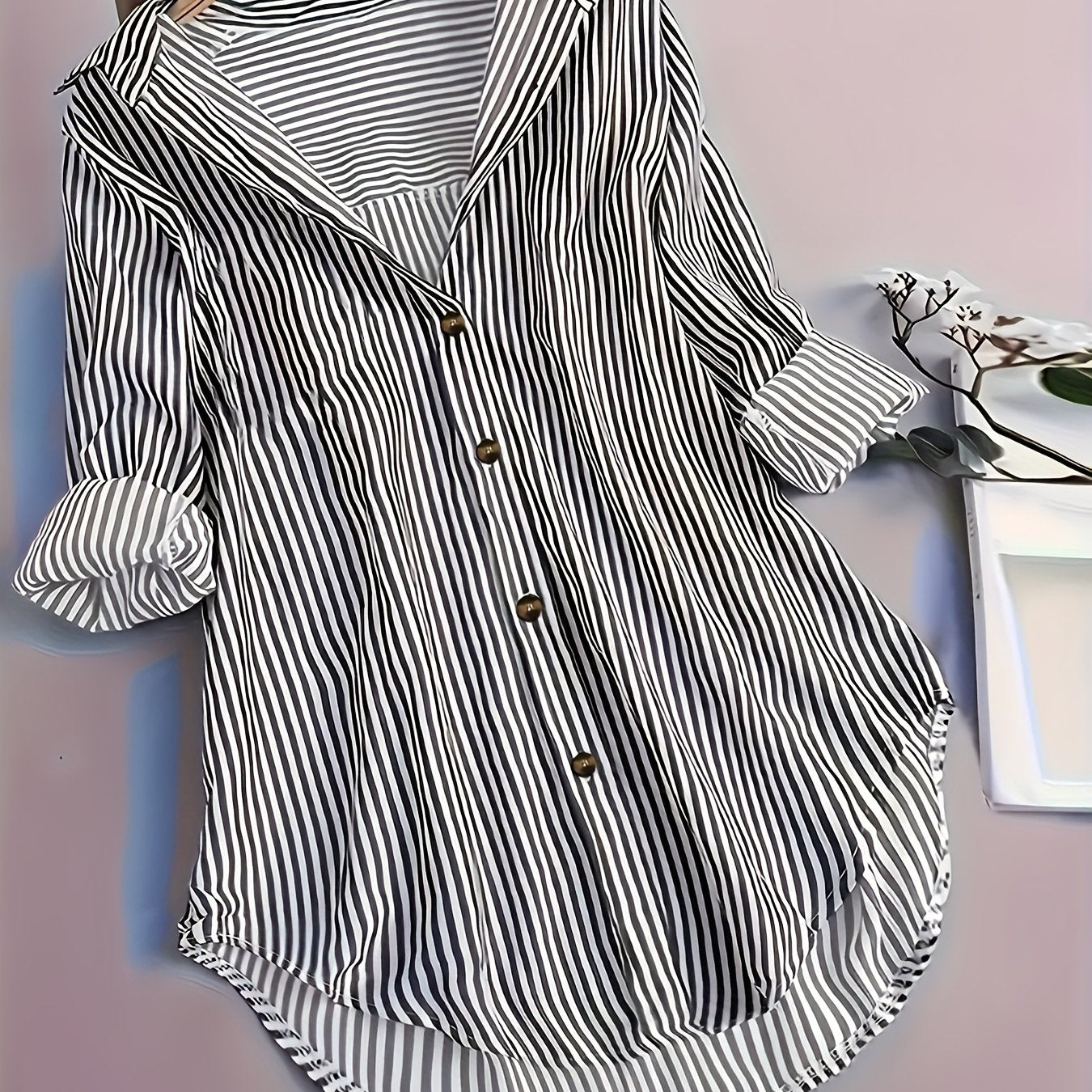 Damen Langarm Hemdbluse mit Streifenmuster und Knopfleiste – Elegante Freizeit- und Bürobluse