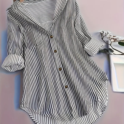 Damen Langarm Hemdbluse mit Streifenmuster und Knopfleiste – Elegante Freizeit- und Bürobluse
