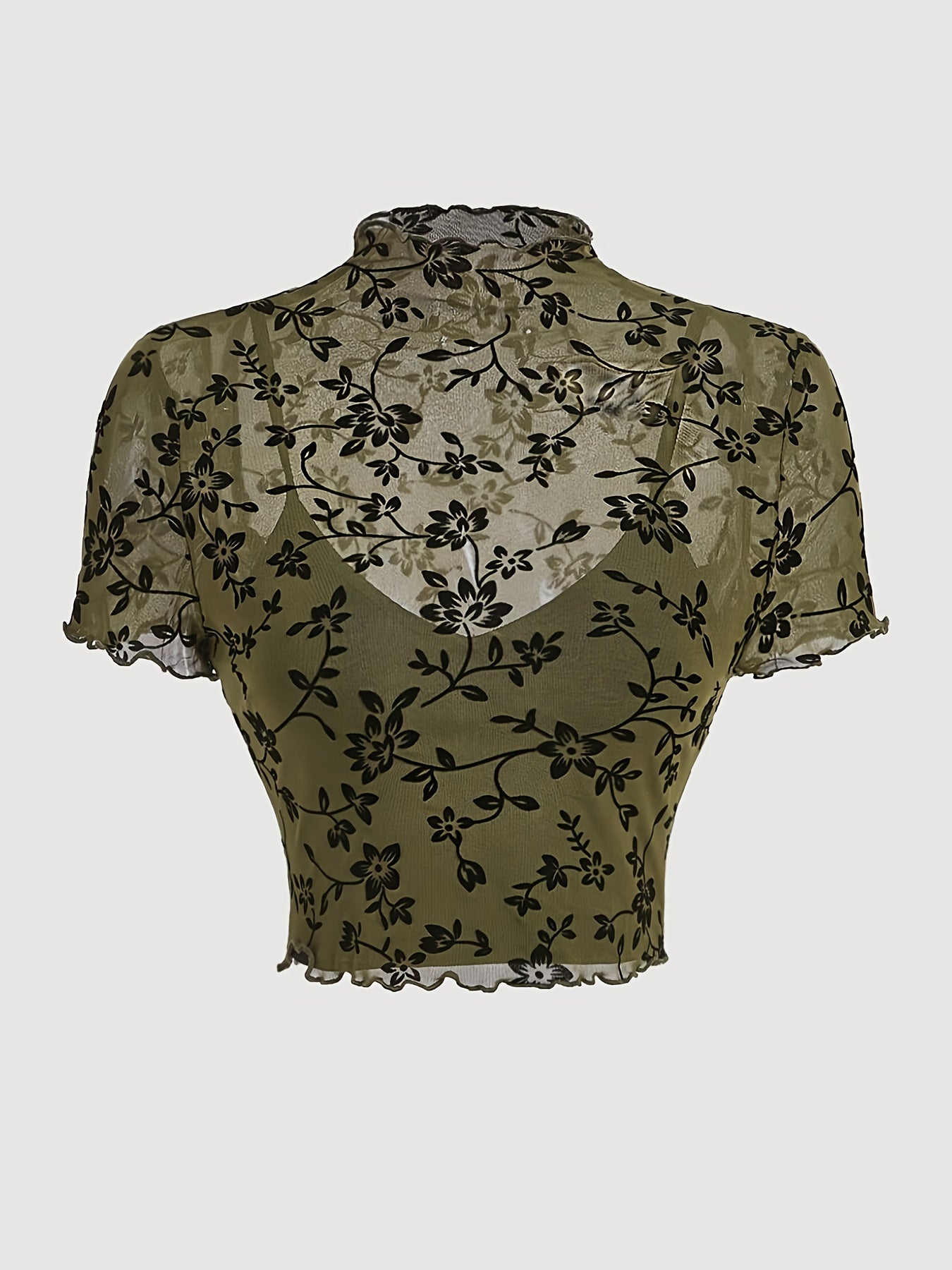 Damen Crop Top Mesh mit Blumenmuster – Elegantes halbtransparentes Shirt für Frühling & Sommer