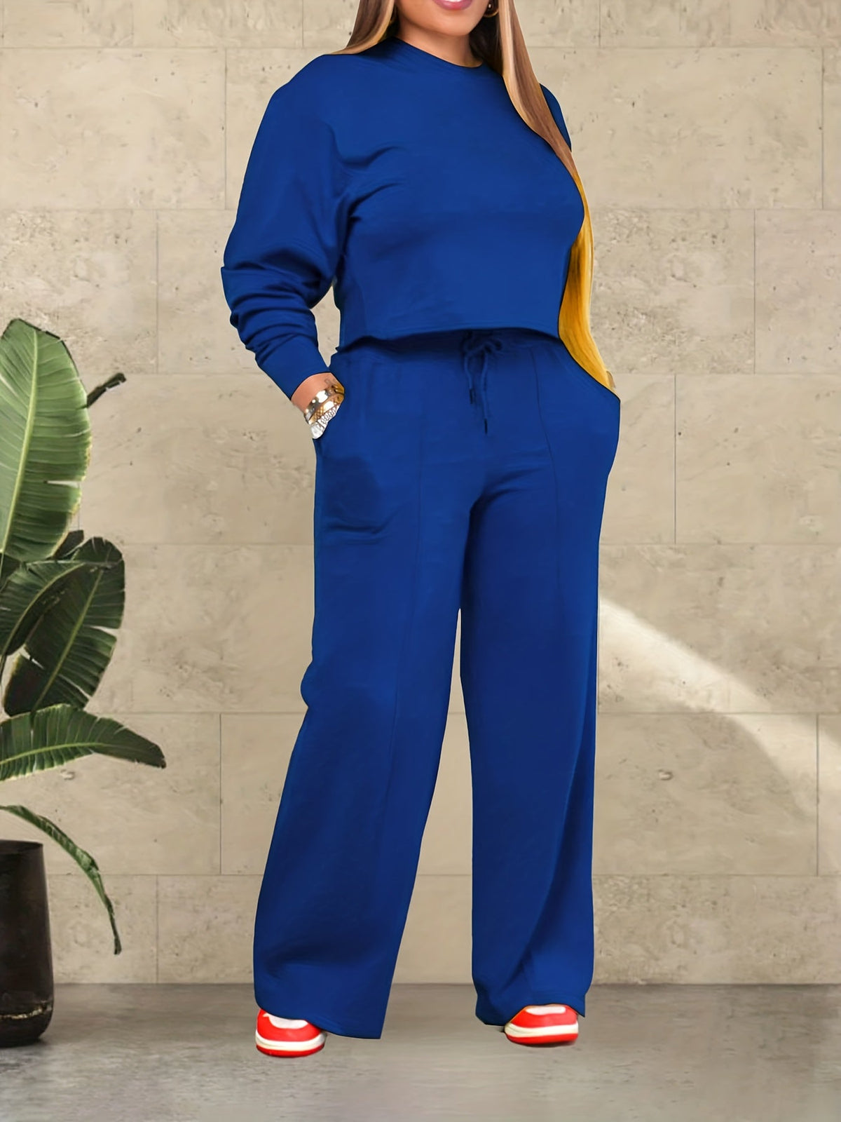 Damen Zweiteiler Lounge Set – Modisches Freizeit Outfit mit Cropped Pullover und Weiten Hosen