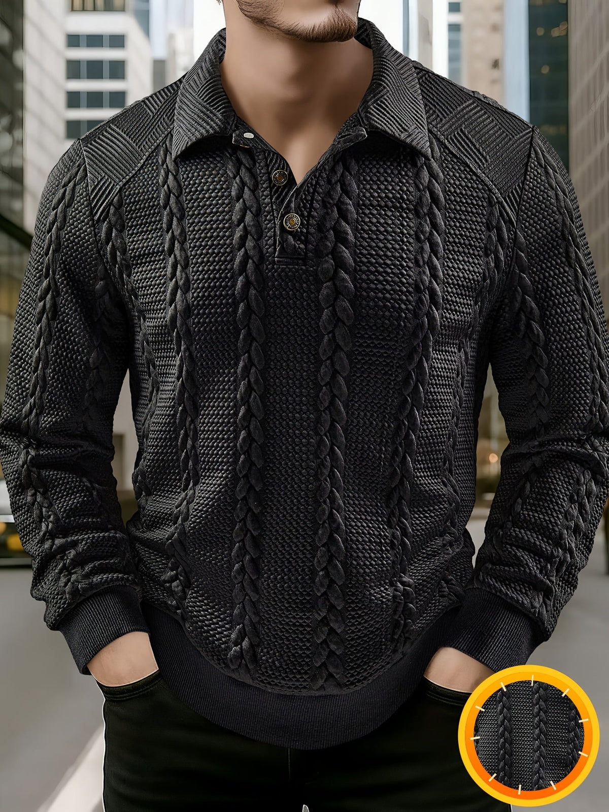 Herren Poloshirt Strickpullover Zopfmuster Knopfleiste Langarm Dunkelgrau