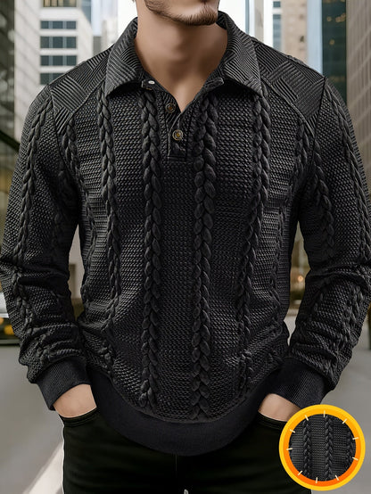 Herren Poloshirt Strickpullover Zopfmuster Knopfleiste Langarm Dunkelgrau