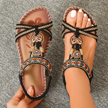 Damen Boho Sandalen mit Schmuckelementen – Bequeme Freizeitschuhe für Sommer & Urlaub