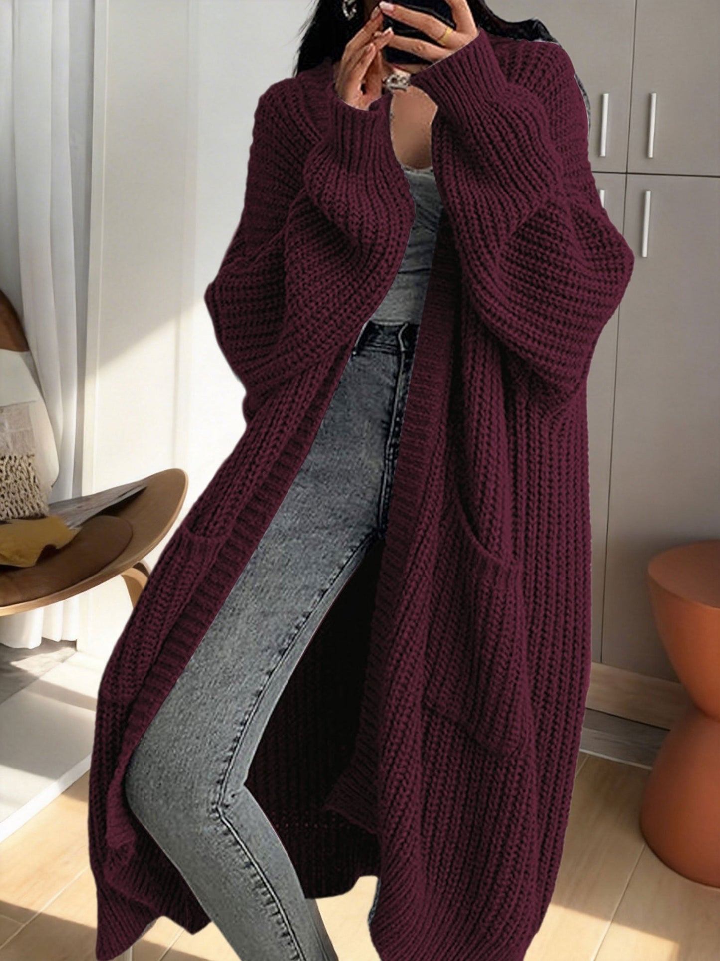 Damen Oversize Strick-Cardigan Lang Offene Front mit Taschen – Lässiger Streetstyle
