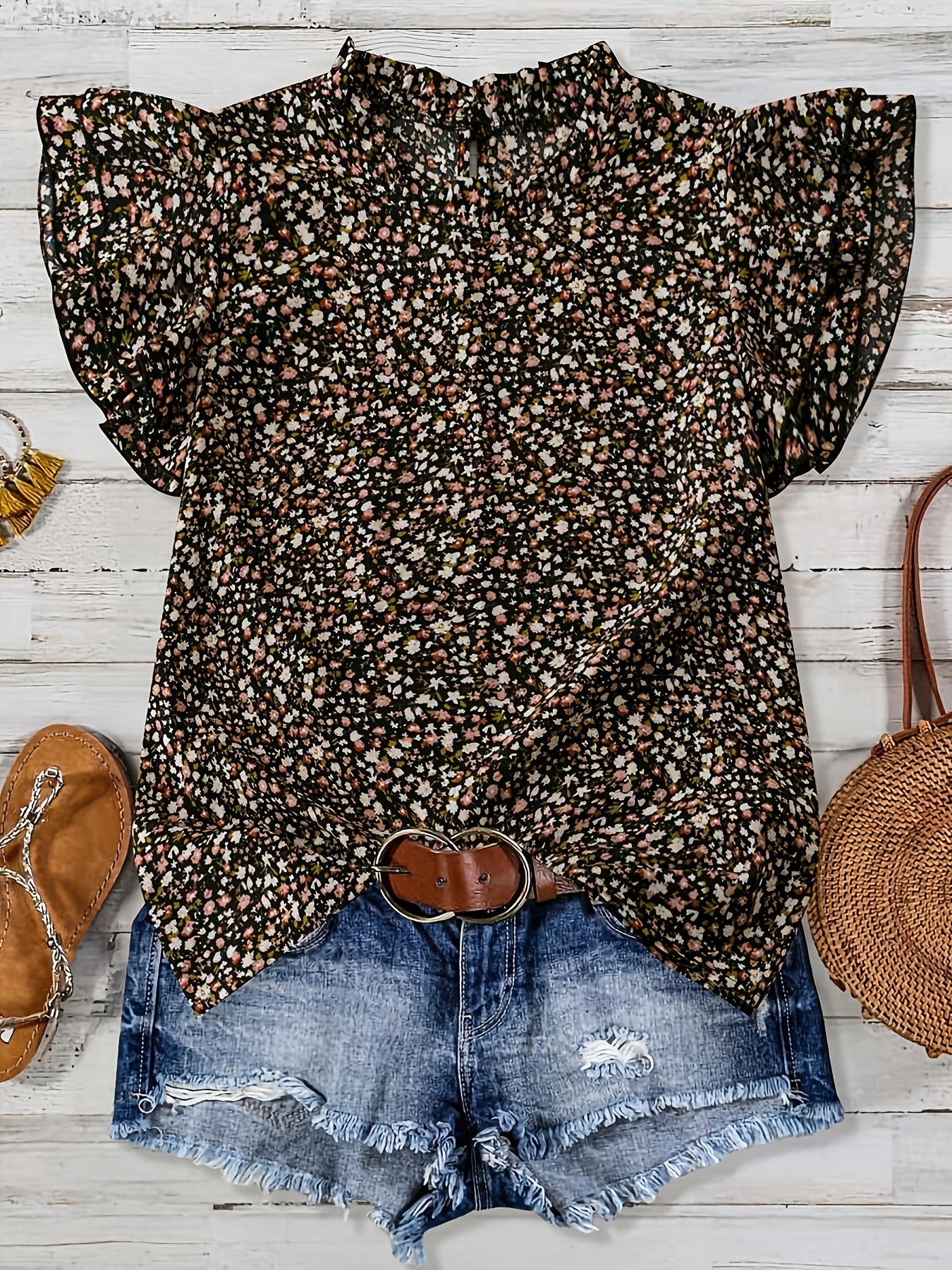 Damen Sommer-Blusenshirt mit Blumenmuster und Volantärmeln – Lässiger Boho-Style für Freizeit & Urlaub